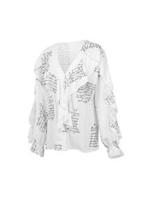 Women Long Sleeve Chiffon Shirts Button-Down Ruffle T Shirt Lady Elegant Solid Color/Letter/Butterfly/Plant Print V-Neck Long Sleeve Dressy Blouse Summer Vacation Casual Loose Top Boho Clothes Outfit - Đen và trắng - Xem 3