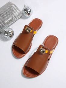 Women's Fashion Casual Color-Block Rhinestone Decorated Open Toe Flat Sandals, Beach Slippers