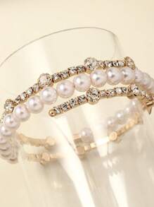 1pc Girl Stylish Rhinestone & Faux Pearl Embellished Luxury Bangle Bracelet - Gold - View 3