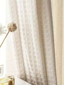 1pc Bohemian Checkered Linen Curtain, Sheer Floral Patterned Boho Style Curtain, Transparent Room Divider Curtain For Bedroom, Living Room, Home Decor, All Season