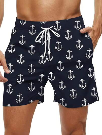 Short à séchage rapide à imprimé hawaïen à la mode pour hommes - design à cordon de serrage, motif ancre exquis, lavage en machine, tissu en polyester, coupe regular, tenue d'été décontractée pour la plage