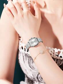 1 件女士方形简约钢带休闲石英腕表，适合日常佩戴 - 白色 - 查看 5