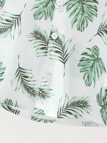 Bộ 2 món/Bộ áo sơ mi in hình lá mùa hè cho bé trai + quần short, trang phục dã ngoại phong cách thường ngày cho trường học - màu xanh lá - Xem 5