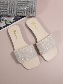 Women's Square Toe Slip-On Sandals With Rhinestone Decor, No-Heel Open Toe Design For Easy On/Off, Comfortable Artificial Suede Flat Shoes For Casual Outings, Suitable For Warm Weather, Versatile.