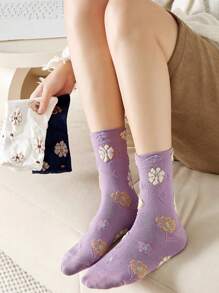 3 Pairs Random Women Floral Pattern Mid-Calf Socks, Cute Fashion Casual Breathable Sports Socks For Spring/Autumn, Suitable For Daily Wear