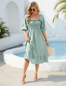 GoyRrbay Women's Sundress Half Sleeve Elastic Square Neck Smocked Ruffle Hem Midi Beach Dress - 綠色 - 查看 2