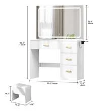 Dressing Table With Mirror, Cosmetic Table With 4 Drawers, Lighting, Socket, White - White - View 3