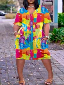 Plus Size Casual Dress, Women's Plus Colorblock Geometric Print Short Sleeve V Neck Medium Stretch Dress With Pockets - 彩色 - 查看 1