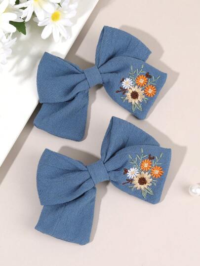 2 chiếc nơ cài tóc thêu màu xanh cho bé gái, kẹp tóc thêu hoa cho trẻ em, kẹp cá sấu vải mềm, phụ kiện tóc cho trẻ em