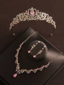 4 件银质皇冠项链耳环婚礼新娘配饰套装 - 粉色 - 查看 3