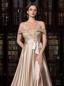Faeriesty Elegant Shimmering Sequin-Satin Evening Gown With Side-Slit Design | Luxury Gala Look For Weddings, Parties Or High-End Events, Party Dress, Wedding Guest Dress, Formal Dress, Evening Dress - Champagne - View 6