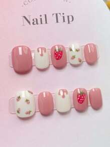 10pcs Handmade Cute Sweet Strawberry Short-Style Nail Stickers For Nail Art, Reusable And Removable For Students Press On Nails - Multicolor - View 1