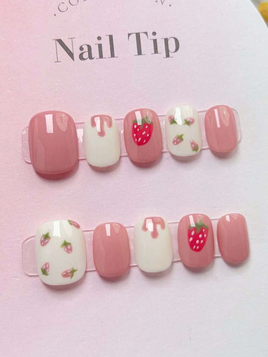 10pcs Handmade Cute Sweet Strawberry Short-Style Nail Stickers For Nail Art, Reusable And Removable For Students Press On Nails - Multicolor - View 1