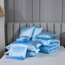 Satin Bed In A Bag 8 Pieces King/Queen Size Silk Like Baby Blue Comforter Set Luxury Silky Bedding Set Soft Lightweight Comforter Set Cooling Sheet Set - Màu xanh nhạt - Xem 9