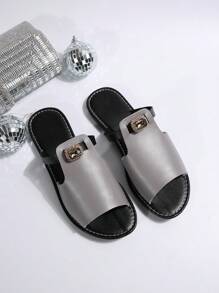 Women's Fashion Casual Contrast Color Rhinestone Decor Outerwear Sandals, Ladies Beach Flip Flops - Dark Grey - View 8