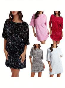 Women's Sequin Dress Casual Loose Sparkly Round Neck Short Sleeve Open Back Tie-Up Mini T-Shirt Dress For Party Club