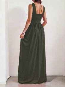 Sofisticado Vestido Largo con Hombros Descubiertos y Abertura en Pierna - Verde militar - Ver 2