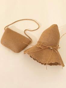 2件套女士卡其色波浪纹沙滩遮阳帽和草编斜挎包，适合海滩度假 - 彩色 - 查看 3