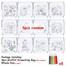 5/10/20pcs Random Pattern DIY Non-Woven Fabric Graffiti Bag With 6 Color Mini Graffiti Pen, Reusable Gift Bag, Painting Drawing Bag, Goodie Bags, Back To School