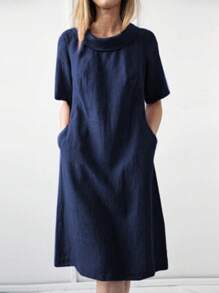 Summer Cotton Linen Dress For Women Short Sleeve Waist Pleat Dresses Loose Casual Solid Classy Midi Dress With Pocket - Blue - View 4