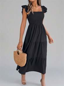 New Arrival Summer Solid Color Square Neck Backless Casual Ruffle Hem Sleeveless Camisole Little Black Dress - Black - View 6