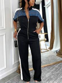 Zip-Front Side-Stripe Jumpsuit