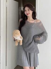 Suéter de manga larga con abertura y hombros caídos, adecuado para volver a la escuela, primavera/verano - Gris - Ver 6