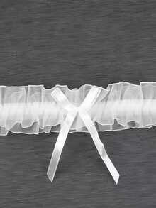 带蝴蝶结装饰的蕾丝吊袜带、弹性性感大腿袜、新娘婚礼配饰、颈链和腿带 - 白色 - 查看 6