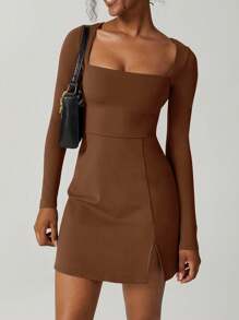 Women Plus Size Slim Fit Short Dress Solid Color Long Sleeve Square Neck Split Hem Party Dress