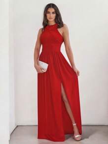 Sophisticated Off-The-Shoulder Long Dress With Leg Slit - 紅色 - 查看 3
