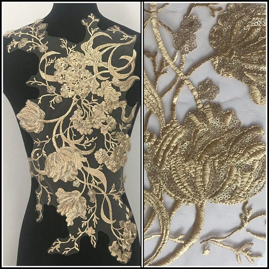 1 件金棕色刺绣花卉布贴，缝制婚纱，装饰贴花 - 金色 - 查看 1