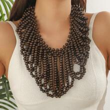 Handwoven Wood Bead V-Shaped Necklace, Exaggerated African Bridal Accessory, Party Decoration, Factory Outlet, Natural Wood Beads, Slight Defects, Occasional Color Difference, Not Seconds, Caution For Those Seeking Perfection