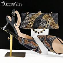 QueenYan 女款尖頭晚宴鞋包套組 極簡時尚高跟涼鞋搭配長款硬挺手拿包 - 黑色 - 查看 1