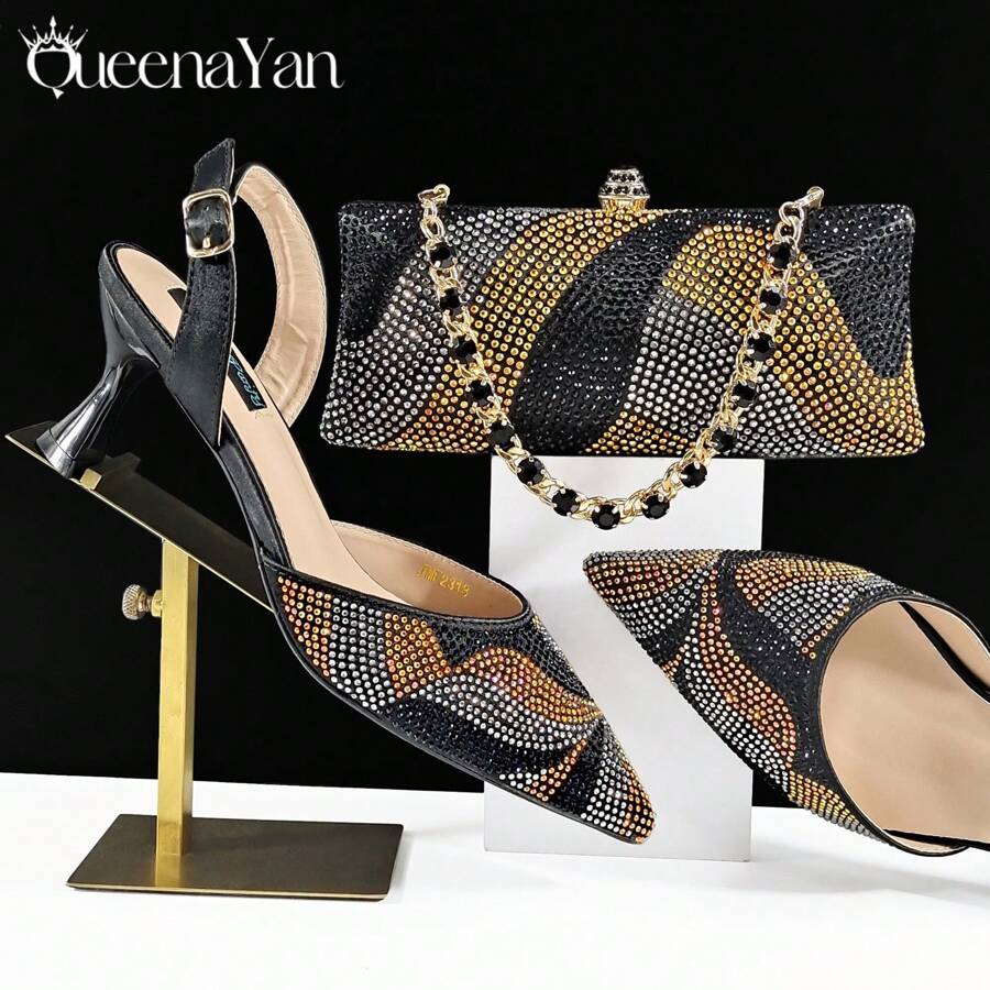 QueenYan 女款尖頭晚宴鞋包套組 極簡時尚高跟涼鞋搭配長款硬挺手拿包 - 黑色 - 查看 1
