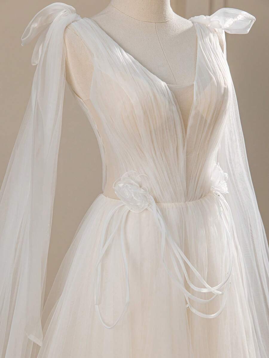 Summer Graceful Solid Color Tulle Lace Shawl Trailing Wedding Dresses For Bride - White - View 1