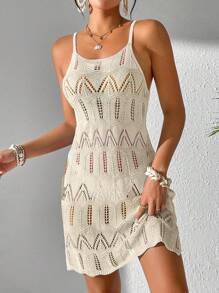 Women's Summer Bohemian Beach Vacation Dress, Colorblock Hollow-Out Knit Camisole Dress