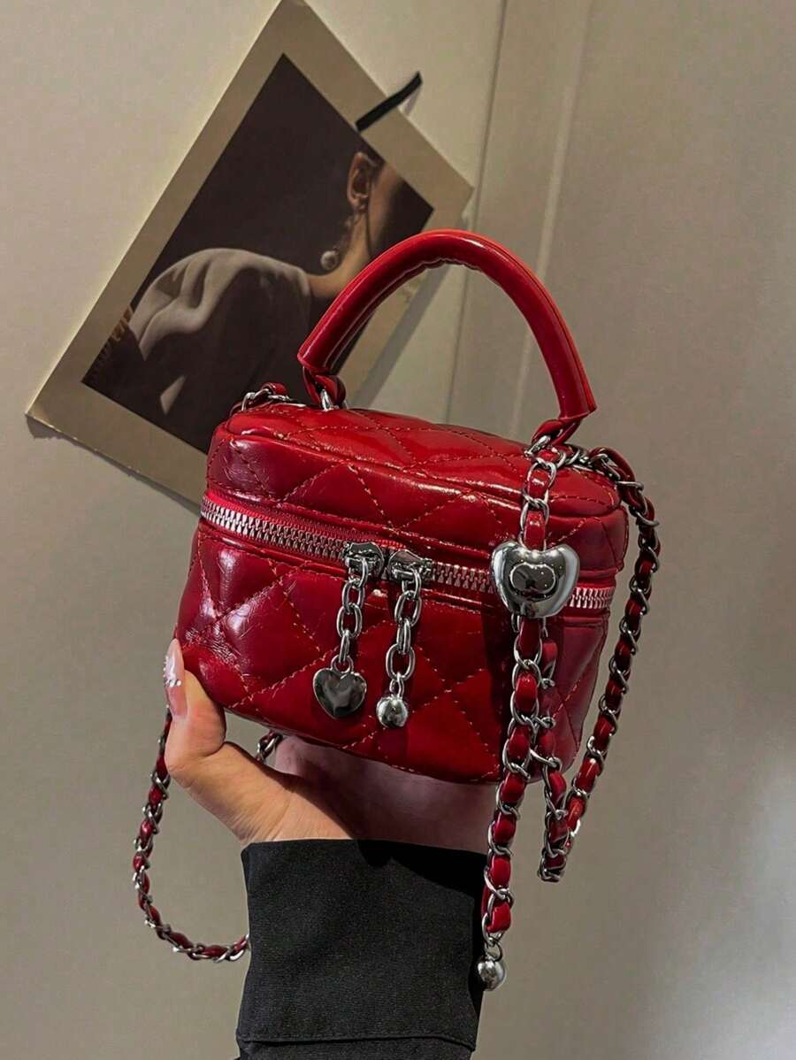 1pc Women Mini Handbag, Fashion Solid Color Embroidered Rhombus Pattern Shoulder Bag, Suitable For Cards & Keys