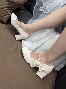 Teens' Square Toe Heeled Shoes, Fashionable, Elegant, Comfortable Soft Material, Ribbon & Pearl Design, Basic Style Suitable For Various Occasions - Beige - View 10