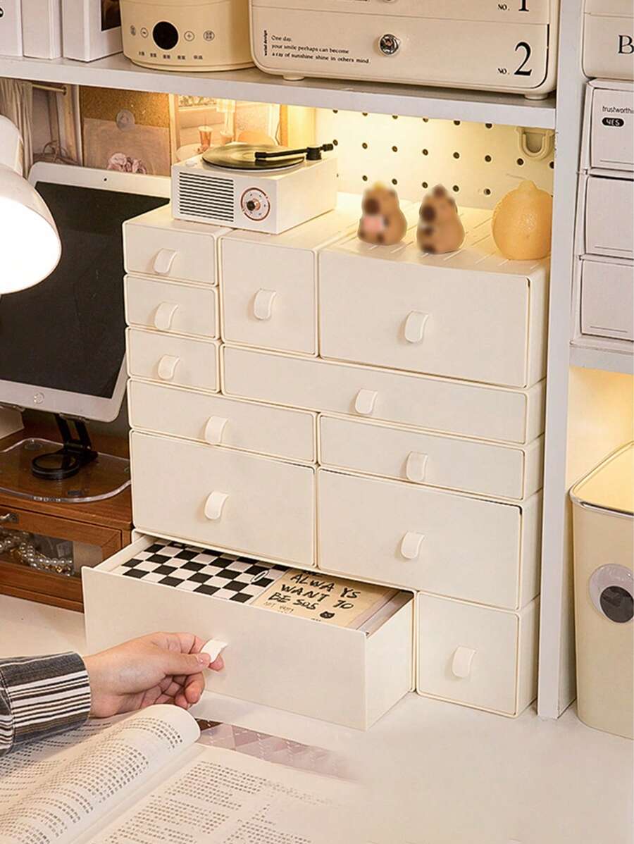 1 pieza Caja organizadora de plástico beige de gran tamaño y altura, organizador de escritorio para papelería, organizador de suministros de oficina, organizador de maquillaje y cosméticos para el tocador, estante para lápices labiales, caja de almacenamiento con cajones para ropa, calcetines y bricolaje.