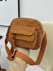 1pc Young Girl Plush Fabric Zipper Closure Casual Sling Bag, Suitable For Everyday Use