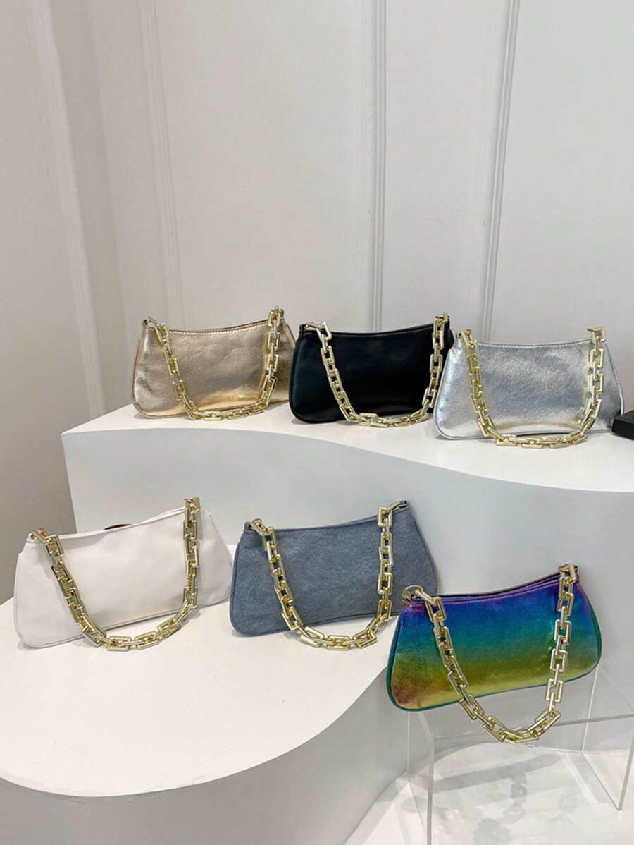 1pc Pu Zipper Closure Fashionable Thick Chain Handbag, Ins Korean Exquisite Large Capacity Chain Shoulder Underarm Bag, Comfortable Shoulder Strap, Smooth And Versatile, Suitable For Daily Outings, Play, Use As A Perfect Gift For Girls