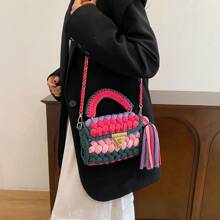 1pc Handwoven Contrast Color Cloth Strap Women Handbag, Colorful Contrast Color Fashionable Casual Tote Bag With Removable Strap & Handle, Spacious Shoulder Bag For Daily Use, Gift For Friends - Multicolor - View 12