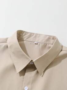 男士纯色单排扣短袖钱布雷衬衫，适合日常休闲穿着，是送给男朋友的绝佳礼物 - 卡其色 - 查看 4