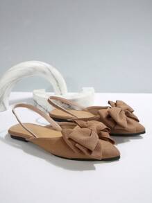 Women's Pointed Toe Slingback Loafers With Bowknot Decor, Elastic Band Design, Casual Comfortable Flat Shoes, Elegant, Charming, Sexy Closed Toe Style - Brown - View 7