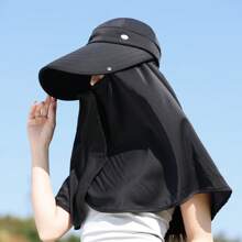 1pc Solid Color Large Brim Hat With Detachable Face Mask, Shoulder Cape For Sun Protection Polyester, Spring Season
