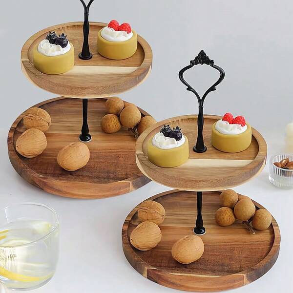 1 Stück Holz-Kuchenständer mit Metallgriff - mehrstöckiges Servietablett für Desserts, Backwaren und Obst - einfache Montage und Demontage - lebensmittelkontaktgeeignet, keine Stromversorgung erforderlich