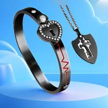 2pcs Projection 'I Love You' In 100 Languages Bracelet And Protection Shield Keychain Couple Jewelry Set, Titanium Steel Romantic Matching Gift For Birthday, Small Wrist, Emotional Memorial
