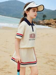 ASK JUNIOR 2 件套 Tween Girls Tween Girl 针织 Polo 衫和迷你裙网球套装