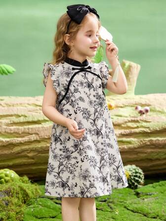 ASK JUNIOR 女童无袖全印花连衣裙，夏季度假薄款公主派对连衣裙