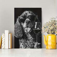 1pc Framed Black And White Canvas Art Print - Cocker Spaniel With Fashion Glasses And Wine Glass, Vintage Style Wall Decor, Holiday Gift, Ready To Hang, Dog Decor - 彩色 - 查看 2